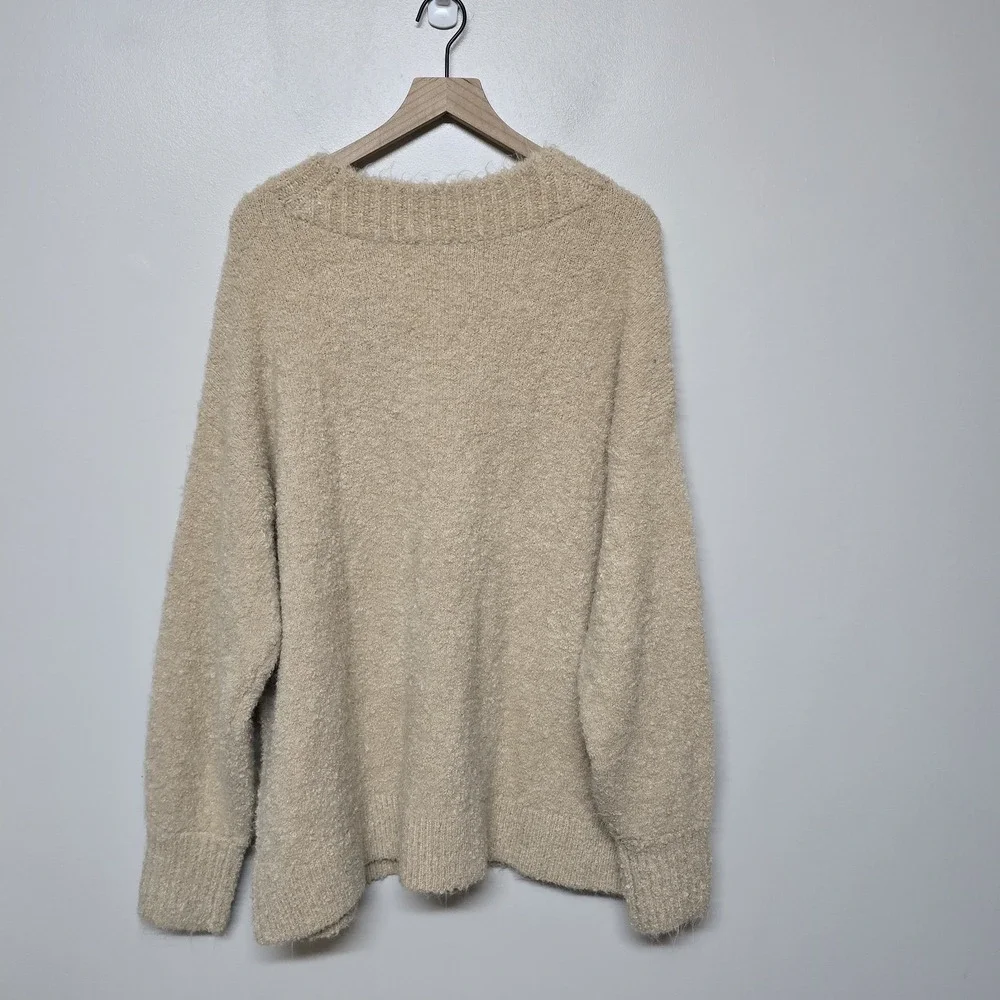 Aerie Teddy Boucle Tan V Neck Oversized Sweater Sz‎ XL NWT Cozy Warm